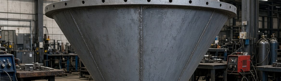 A large fabricated steel hopper cone on a workshop floor, welding plant and benches behind it